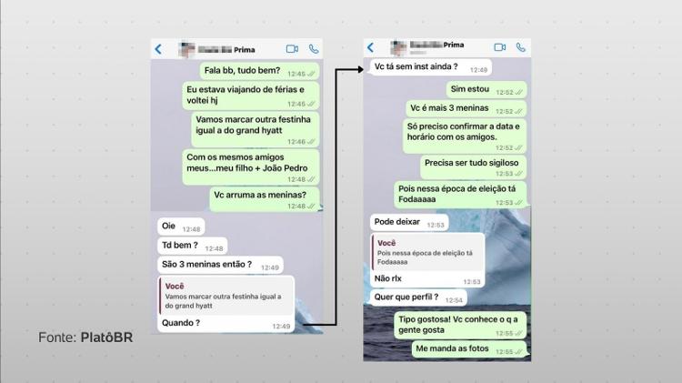Mensagens no celular de Santini de uma conversa com suposta agenciadora de garotas de programa no Rio