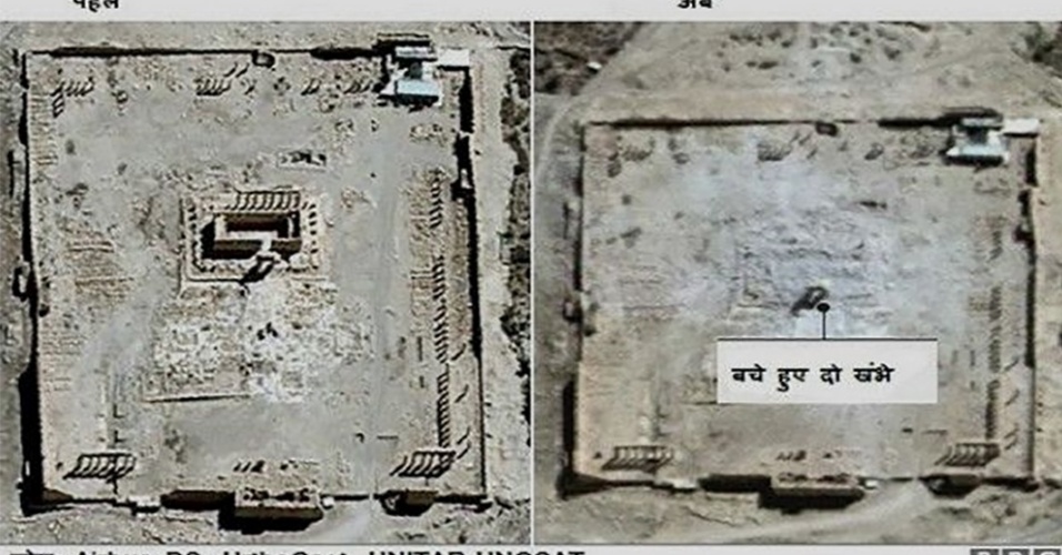 28.mar.2016 - Imagens de satélite mostram que um templo de dois mil anos de fundação foi implodido. Após dez meses sob controle do grupo extremista Estado Islâmico, a cidade histórica de Palmira, na Síria, foi libertada por tropas leais ao governante do país, Bashar al-Assad