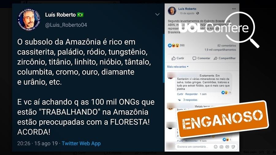 26.ago.2019 - Post enganoso sugere, sem evidências, que ONGs na Amazônia estariam interessadas não na "floresta", mas nos minérios presentes na área - Arte/UOL