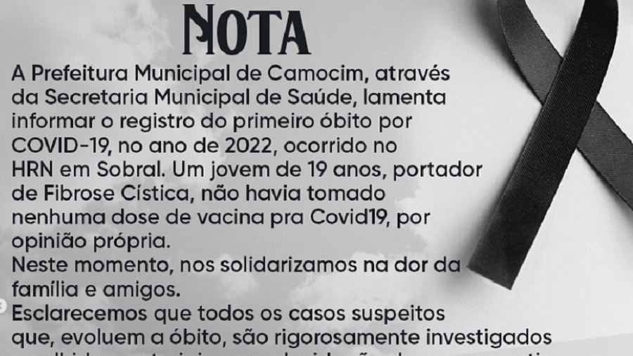 Prefeitura de Camocim, no Ceará, lamentou a morte de um jovem de 19 anos não vacinado contra a covid-19 - Reprodução/Instagram