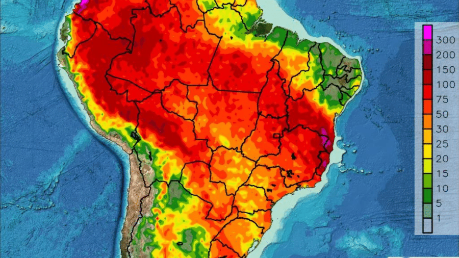 Áreas em rosa, no Sudeste e Sul da Bahia, devem ter maior acumulado de chuva nos próximos dias - Reprodução/MetSul