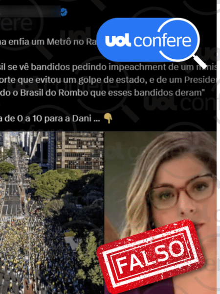 17.jun.2024 - Frase supostamente atribuída à jornalista Daniela Lima sobre "bandidos pedindo impeachment de ministro da Suprema Corte" e "um presidente que está salvando o Brasil" é falsa
