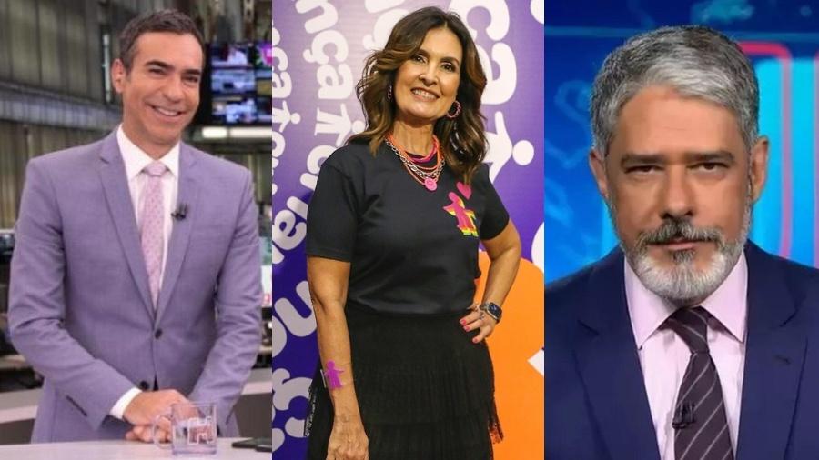 Da esquerda para a direita: César Tralli, Fátima Bernardes e William Bonner. Segundo levantamento da Lupa, jornalistas e apresentadores de TV são usados como isca para golpes digitais