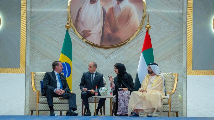 Bolsonaro encontra Xeque Mohammed Bin Rashid Al Maktoum, primeiro-ministro dos Emirados Árabes Unidos, em Dubai - Divulgação