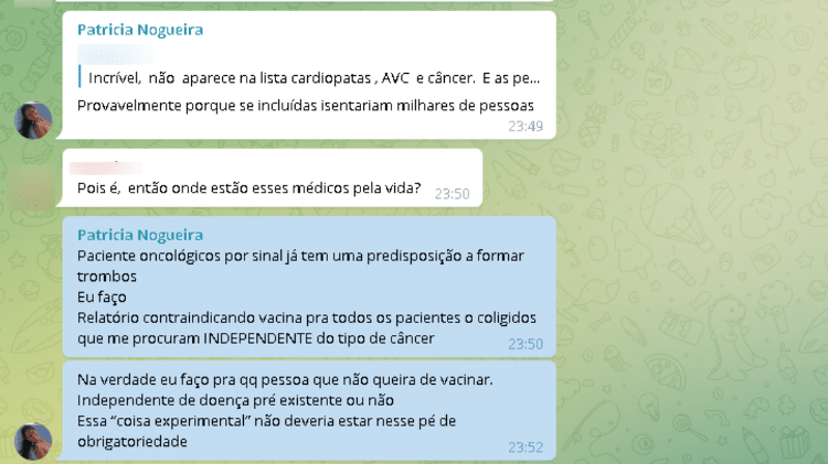 28.jan.2022 - Uma das médicas citadas na lista que circula no canal do Médicos pela Vida no Telegram disse que poderia emitir o laudo ainda que não houvesse doença preexistente - Reprodução / Telegram Médicos pela Vida - Reprodução / Telegram Médicos pela Vida