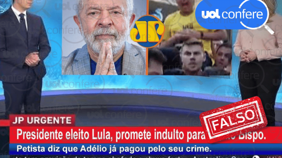 04.nov.2022 - É montagem imagem que diz que a Jovem Pan noticiou que Lula prometeu indulto ao acusado de esfaquear Bolsonaro em 2018 - Arte/UOL sobre Reprodução 