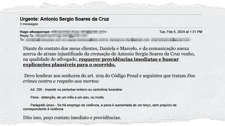 Email enviado pelo advogado da família para a empresa Consolare Email enviado pelo advogado da família para a empresa Consolare