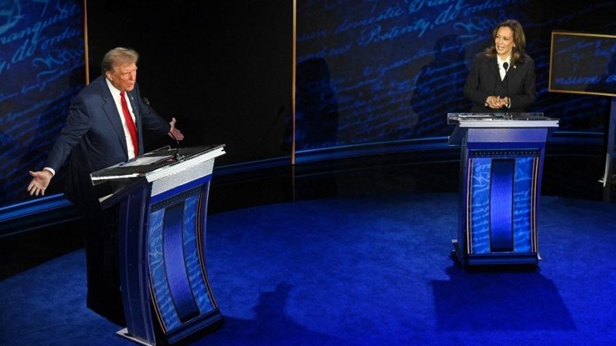 10.set.2024 - Donald Trump e Kamala Harris durante debate da ABC News