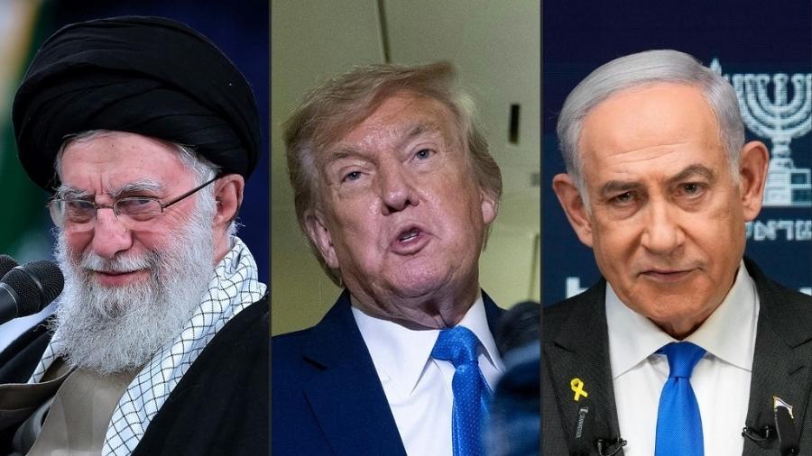 O líder supremo do Irã, aiatolá Ali Khamenei, o presidente dos EUA, Donald Trump, e o primeiro-ministro de Israel, Benjamin Netanyahu O líder supremo do Irã, aiatolá Ali Khamenei, o presidente dos EUA, Donald Trump, e o primeiro-ministro de Israel, Benjamin Netanyahu