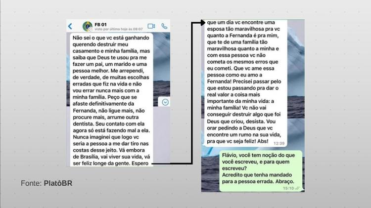 A mensagem em que Flávio Bolsonaro teria acusado Santini de tentar destruir seu casamento