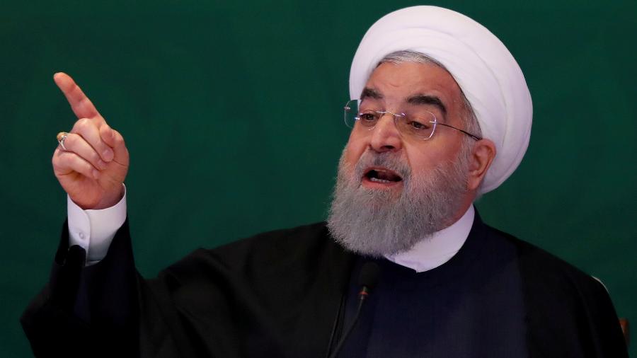 15.fev.2018 - O presidente iraniano Hassan Rouhani fala a líderes muçulmanos em Hyderabad, Índia - Danish/Reuters