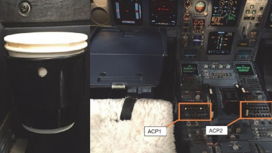 Porta-copos do avião e seus painéis de controle ACP1 e ACP2; relatório aponta que um dos botões derreteu com o café - AAIB