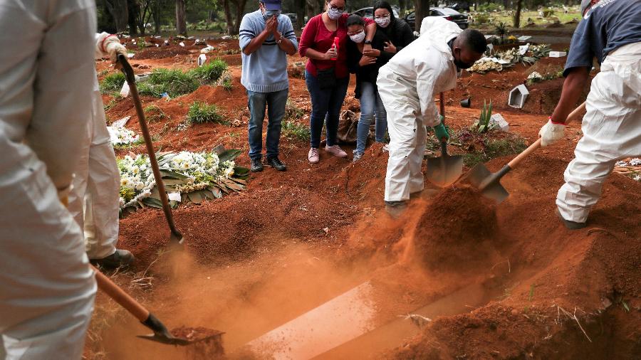 Parentes assistem a coveiros vestindo roupas de proteção enterrando o caixão de um homem que morreu da doença por coronavírus (COVID-19), no cemitério de Vila Formosa - AMANDA PEROBELLI/REUTERS