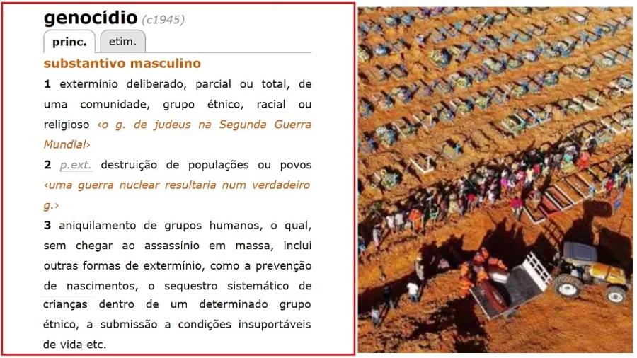 A definição de genocídio no Houaiss, muito próxima da do Tribunal Penal Internacional, e o cemitério Nossa Senhora Aparecida, em Manaus, o das covas coletivas - Reprodução; Michael Dantas/AFP
