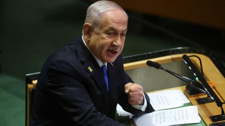 O primeiro-ministro israelense, Benjamin Netanyahu, discursa aos líderes mundiais durante a Assembleia Geral das Nações Unidas 