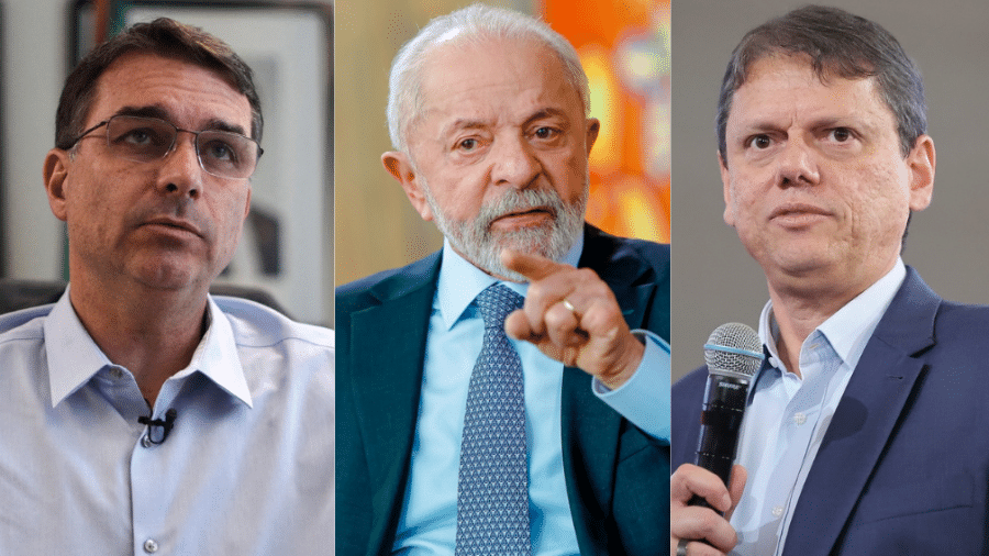 Dá esq. para dir., Flávio Bolsonaro (PL), Lula (PT) e Tarcísio de Freitas
