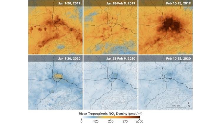 Níveis de dióxido de nitrogênio permaneceram muito mais baixos em Wuha - Divulgação/Observatório da Terra da Nasa - Divulgação/Observatório da Terra da Nasa