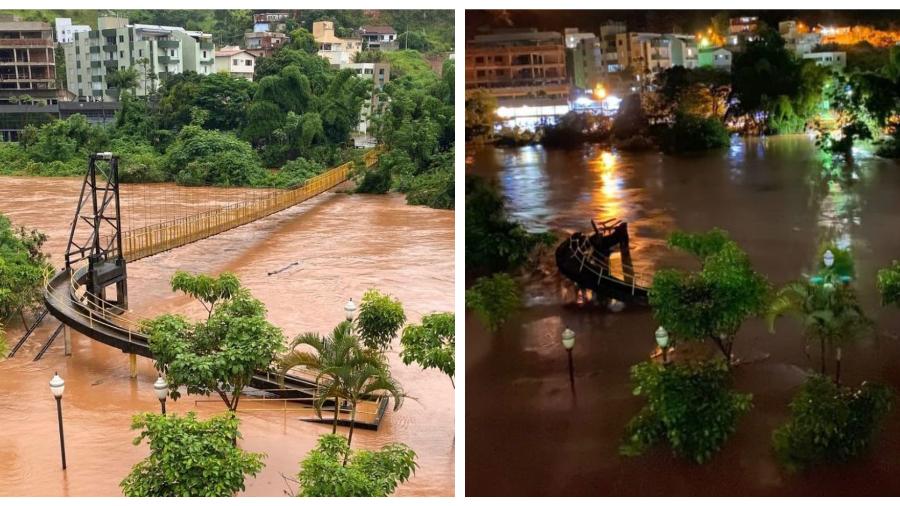 Fotos de antes e depois do rompimento de ponte em Nova Era após subida do Rio Piracicaba - Prefeitura/Divulgação