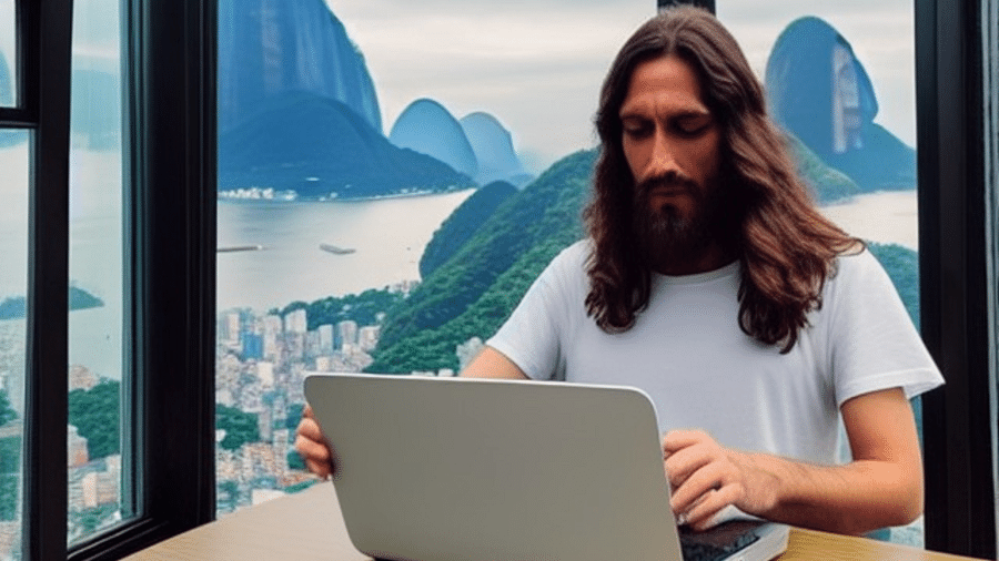 Stable Diffusion, uma outra inteligência artificial, criou imagem de Jesus usando notebook com o Rio de Janeiro de cenário - Reprodução