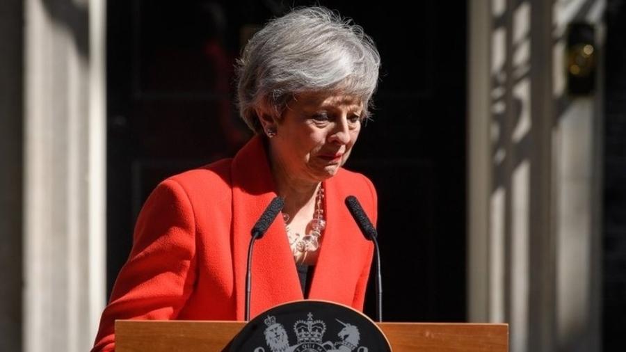 Em 24 de maio, Theresa May expôs seu plano de renunciar ao cargo de primeira-ministra - Getty Images