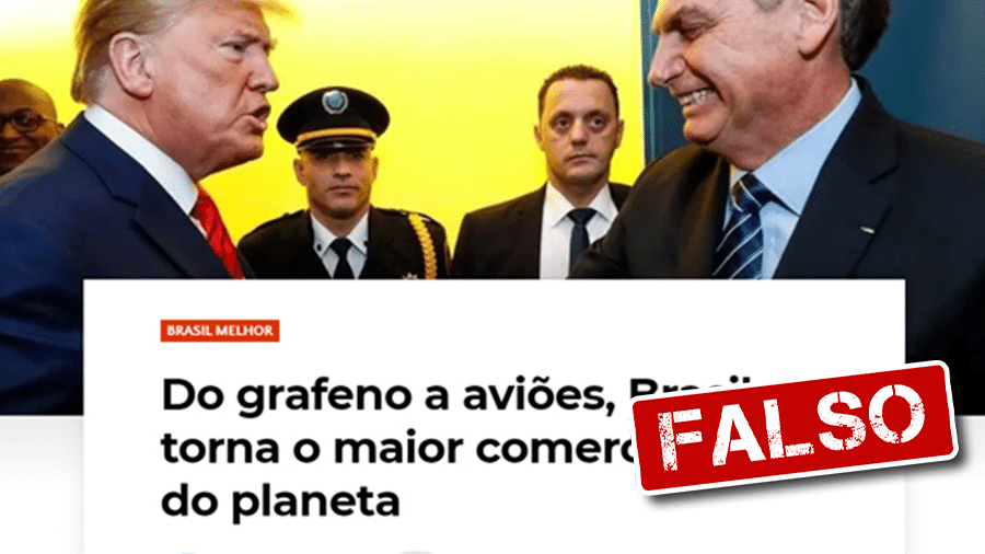 21.nov.2019 - Texto em site traz informação falsa de que Brasil é o maior "comerciante" do mundo - Arte/UOL