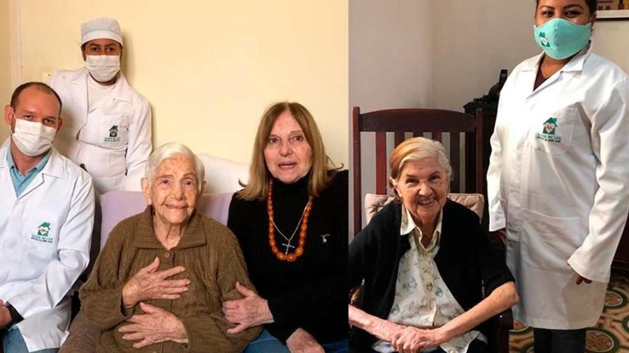 As irmãs Dirce Bastos Hass (de blusa marrom), 100 anos, e Myrthes Bastos (de casaco preto e camisa clara), 96, contraíram covid-19 ao mesmo tempo, mas se recuperaram - Divulgação/Prefeitura de Corumbá