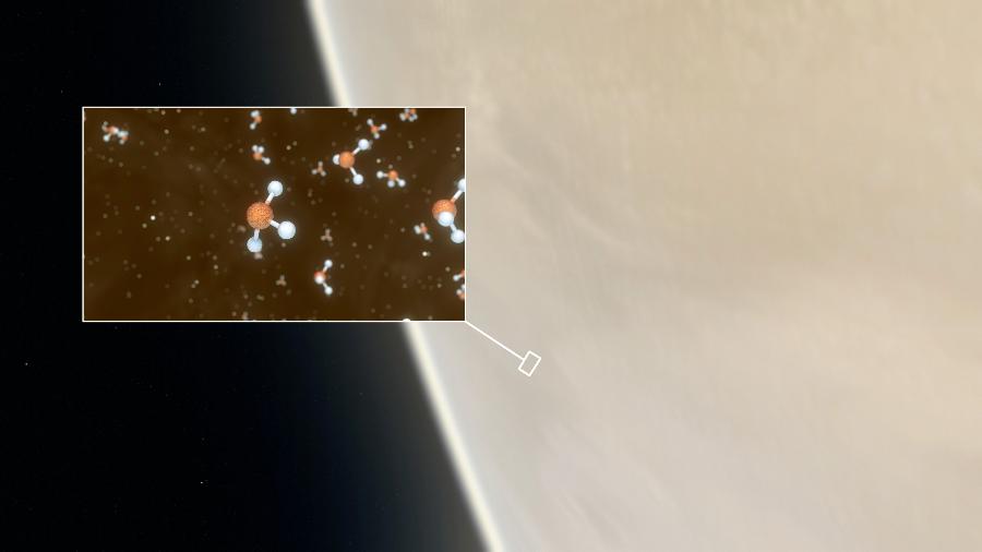 Impressão artística de Vênus, com uma inserção mostrando uma representação das moléculas de fosfina detectadas nas altas nuvens - ESO / M. Kornmesser / L. Calçada & NASA / JPL / Caltech