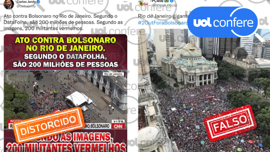 4.out.2021 - À esquerda na imagem, post de Carlos Jordy (PSL-RJ) trata manifestação anti-Bolsonaro de forma enganosa; na imagem à direita, post do PCdoB mostra foto de 2018 como se fosse do ato de sábado (2) - Arte/UOL sobre Reprodução/Twitter Carlos Jordy e PCdoB