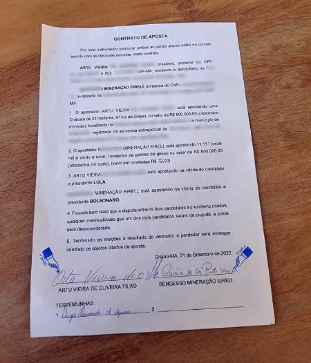 A aposta foi feita em 1º de setembro e formalizada no 1º Ofício do Cartório do município. Entre as cláusulas do contrato está uma exceção: caso qualquer um dos candidatos saia da disputa, o acordo será desconsiderado - Divulgação