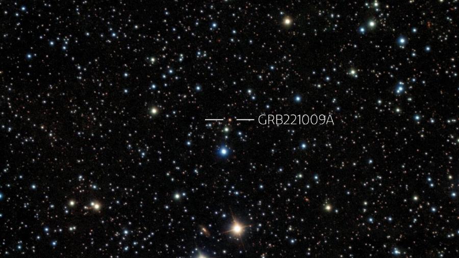 A explosão, chamada GRB221009A, é uma das mais brilhantes já observadas; cientistas acreditam que como um buraco negro foi gerado como resultado - International Gemini Observatory/NOIRLab/NSF/AURA/B. O"Connor (UMD/GWU) & J. Rastinejad & W Fong 