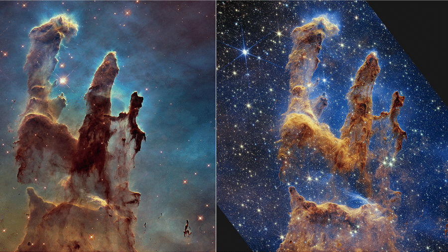 Do lado esquerdo, imagem feita pelo telescópio Hubble. Do lado direito, o registro feito pelo James Webb, com muito mais detalhes - Nasa, Esa, CSA, STScI; Joseph DePasquale (STScI), Anton M. Koekemoer (STScI), Alyssa Pagan (STScI).