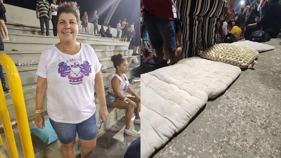 Público da arquibancada leva almofadas de casa para aguentar a noite no Sambódromo