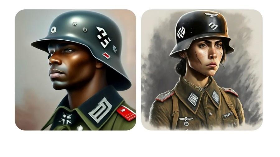 Ao pedir uma ilustração de um soldado alemão de 1943, inteligência artificial do Google mostra resultados diversos, como um soldado negro (esq.). Empresa pediu desculpas
