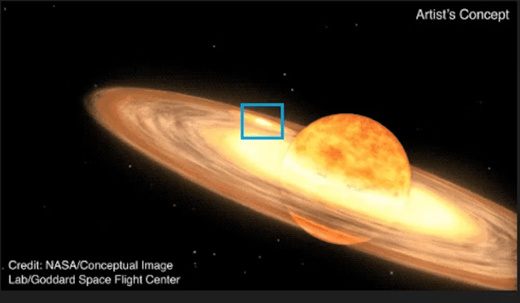 Impressão artística de um sistema binário que consiste em uma estrela anã branca (caixa azul) e uma estrela gigante vermelha (à direita da imagem) orbitando uma a outra. Devido ao forte campo gravitacional da estrela anã branca, a estrela gigante vermelha está perdendo matéria, que cai continuamente na superfície da estrela anã branca. Créditos: Goddard Space Flight Center da NASA.