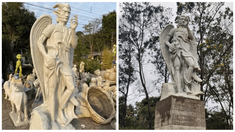 A estátua de Lúcifer, finalizada, no espaço do ateliê que a concebeu (esq.); e já instalada no templo, sobre um pedestal (dir.)