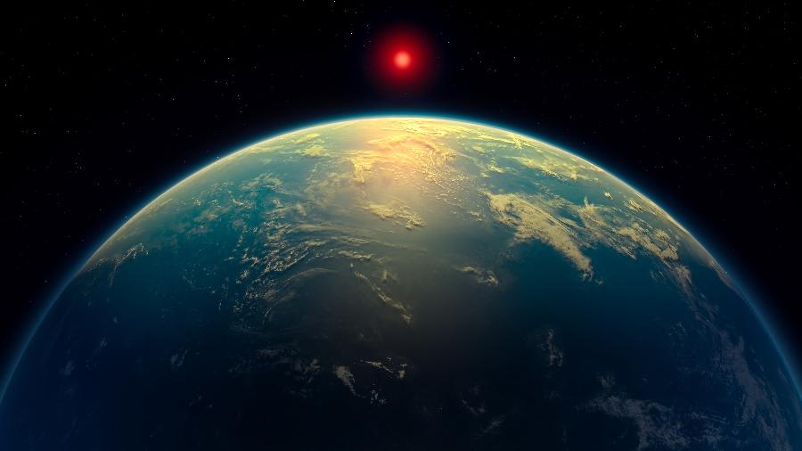 Ilustração do exoplaneta K2-18b, onde há indícios mais fortes até agora de possível vida fora do sistema solar - HANDOUT/AFP