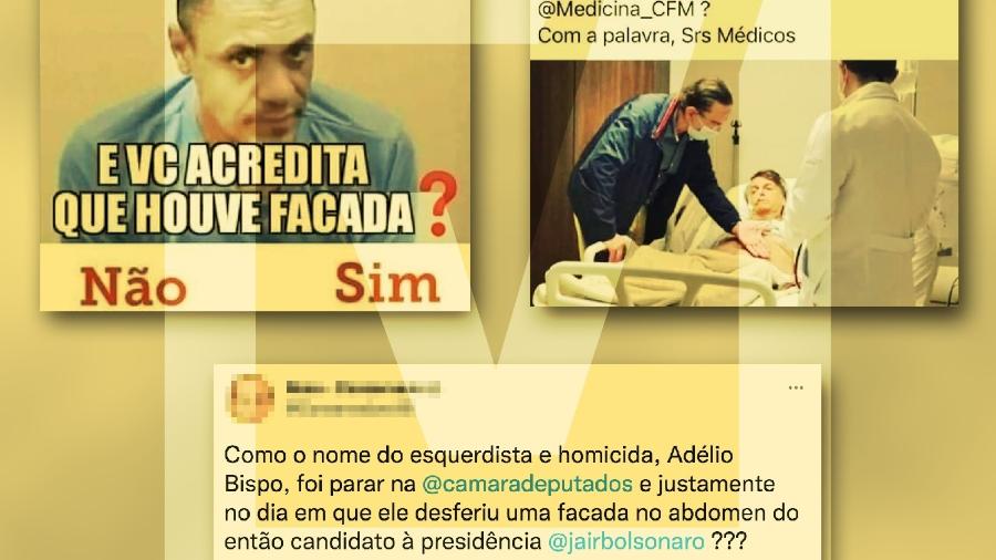 17.ago.2022 -  Postagens no Facebook e no Twitter apresentam versões diferentes a respeito do episódio envolvendo a facada contra Jair Bolsonaro - Projeto Comprova