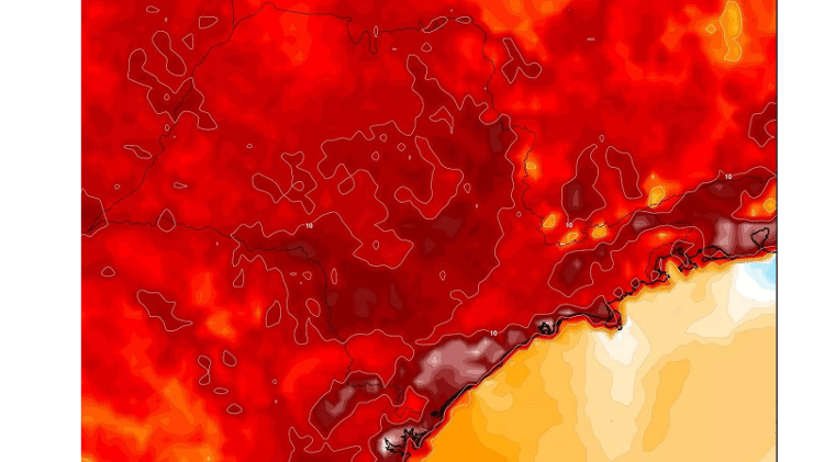 Mapa mostra previsão de calor intenso tomando todo o estado de São Paulo