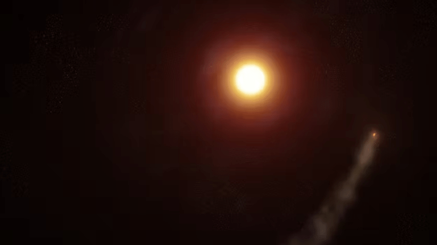 Ilustração de uma vista aérea do exoplaneta WASP-69b em sua órbita de 3,8 dias ao redor de sua estrela-mãe