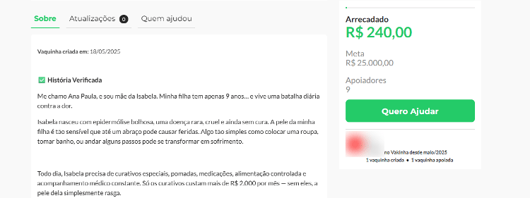 Vaquinha virtual de suposta campanha para ajudar Isabela tem meta de R$ 25 mil Vaquinha virtual de suposta campanha para ajudar Isabela tem meta de R$ 25 mil