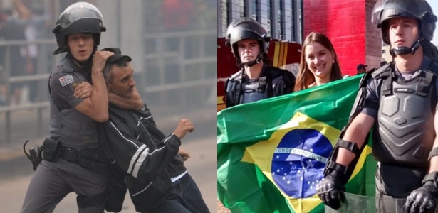 PM publicou selfies em protesto contra Dilma, mas reprimiu ato contra aumento de tarifas - Arte UOL/Fotos Nelson Almeida/AFP e Divulgação/PM-SP