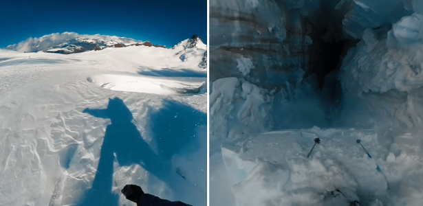 Esquiador filma própria queda em fenda de gelo na França; veja o vídeo