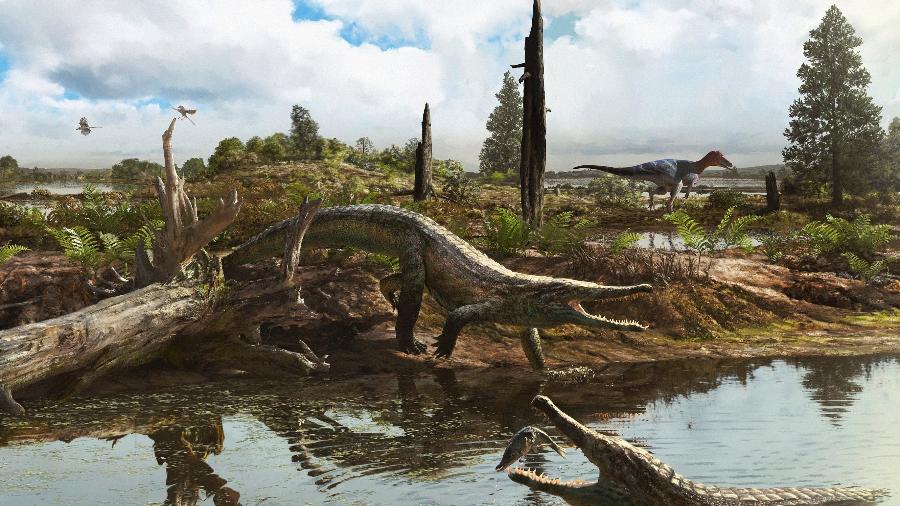 O recém-descoberto Epoidesuchus tavaresae tinha quatro metros de comprimento e caçava peixes - Divulgação/Arte de Guilherme Gehr