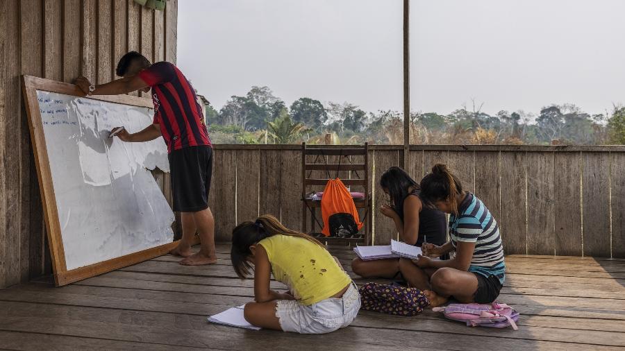 Nesta foto de 2022, jovens indígenas Jaminawa estudam em uma sala de aula improvisada, no Acre - Lalo de Almeida/Folhapress