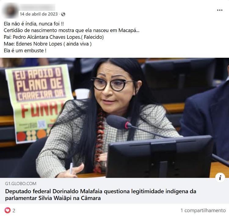 Irmã de Silvia Waiãpi contesta etnia de deputada no Facebook Irmã de Silvia Waiãpi contesta etnia de deputada no Facebook