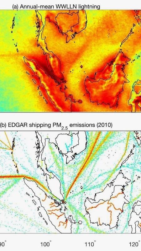 Gráfico mostra comparação entre quedas de raios e rotas de navios - American Geophysical Union