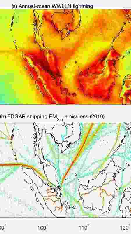 Gráfico mostra comparação entre quedas de raios e rotas de navios - American Geophysical Union