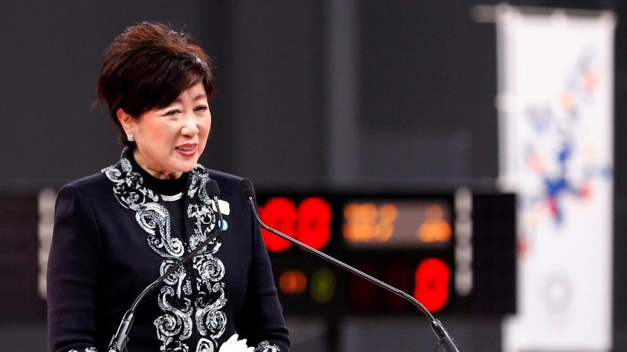 Governadora de Tóquio. Yuriko Koike, durante cerimônia de inauguração de arena para a Olimpíada - Reprodução