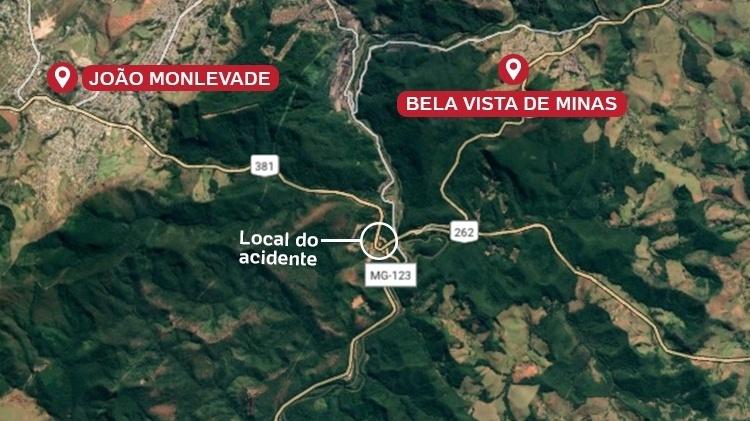 The map shows the location where the bus fell from the overpass in Minas Gerais - Reproduction / Google Art / UOL - Reproduction / Google Art / UOL