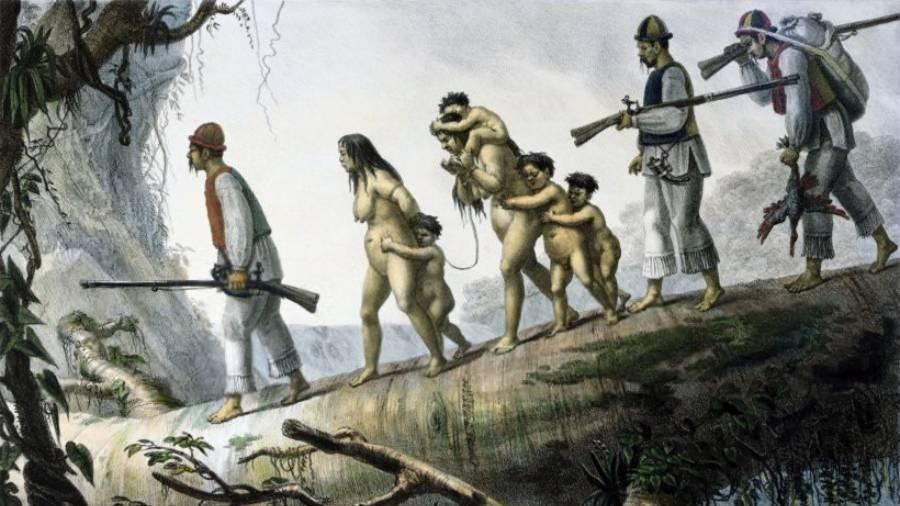 Pintura de Jean-Baptiste Debret retrata soldados indígenas da província de Curitiba escoltando nativos aprisionados - Jean-Baptiste Debret/Reprodução